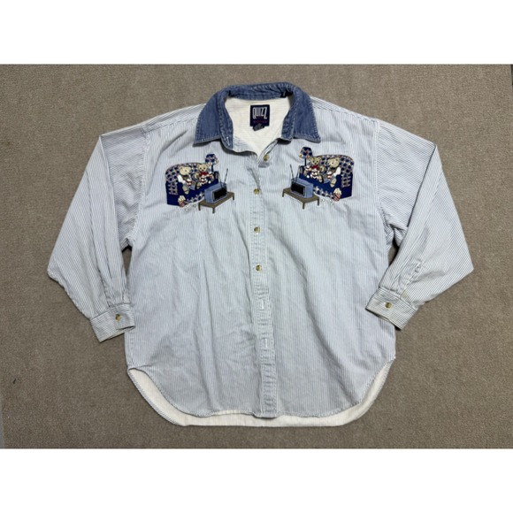 Quizz Tops - Vintage Quizz New York Shirt Womens 20 Blue White Stripe Embroidered Bears Denim
